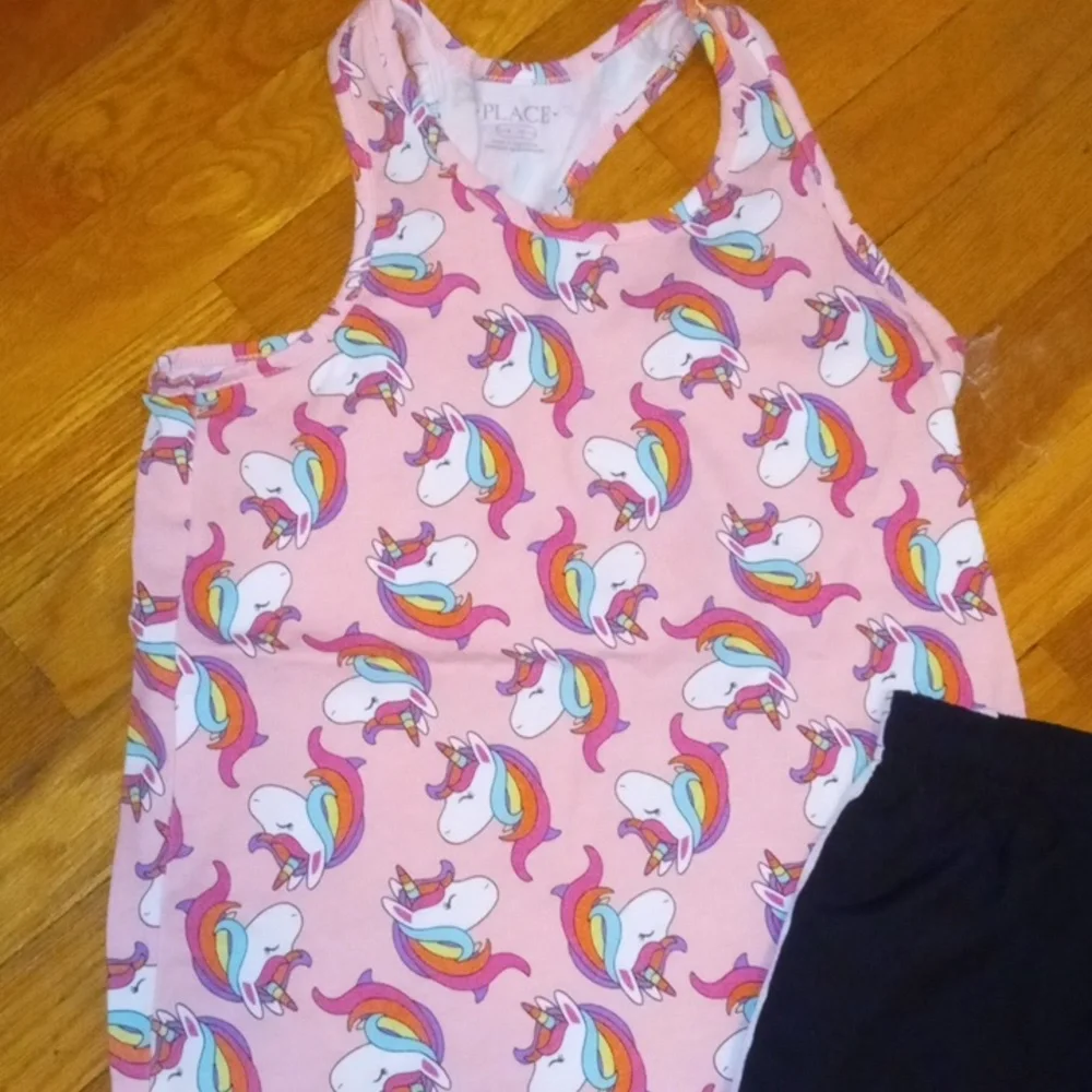 Unicorn Print Pink Tank Top and black shorts - Picture 2 of 2